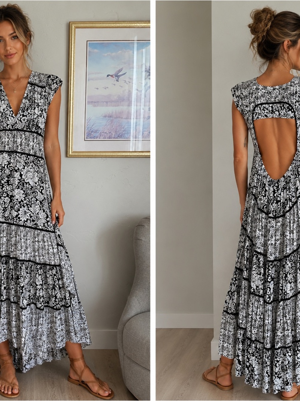 Bernice Paris Black & White Floral Open-Back Maxi Dress